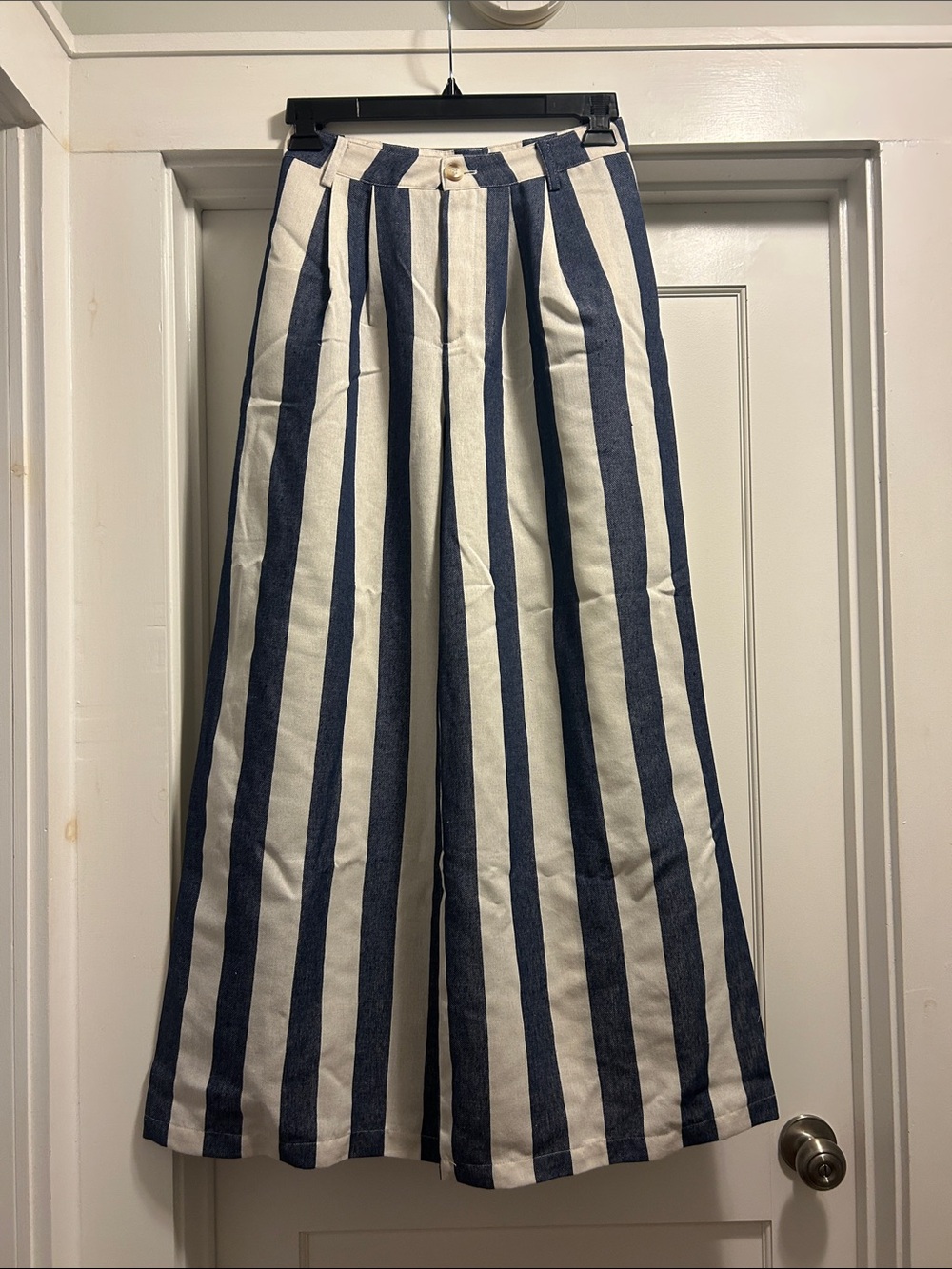 Anthropologie Flat White Navy &White Vertical-Stripe Wide-Leg Pants - S, NWT